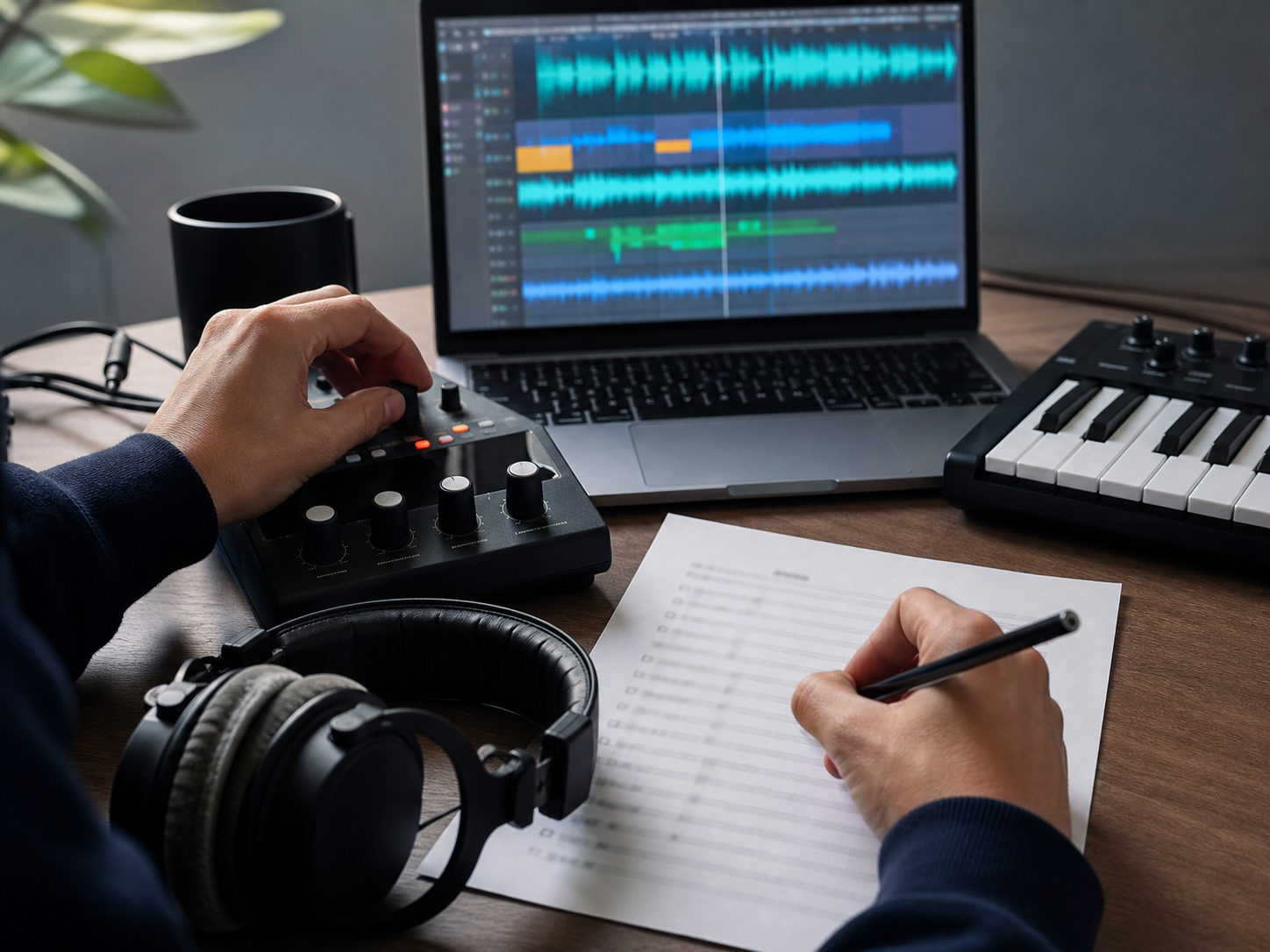Scena illustrativa di editing audio con cuffie e appunti