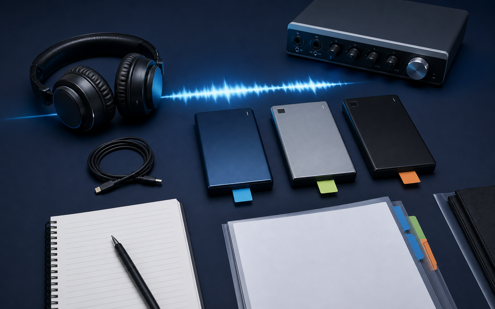 Scena illustrativa di drive, cuffie e materiali per consegna audio