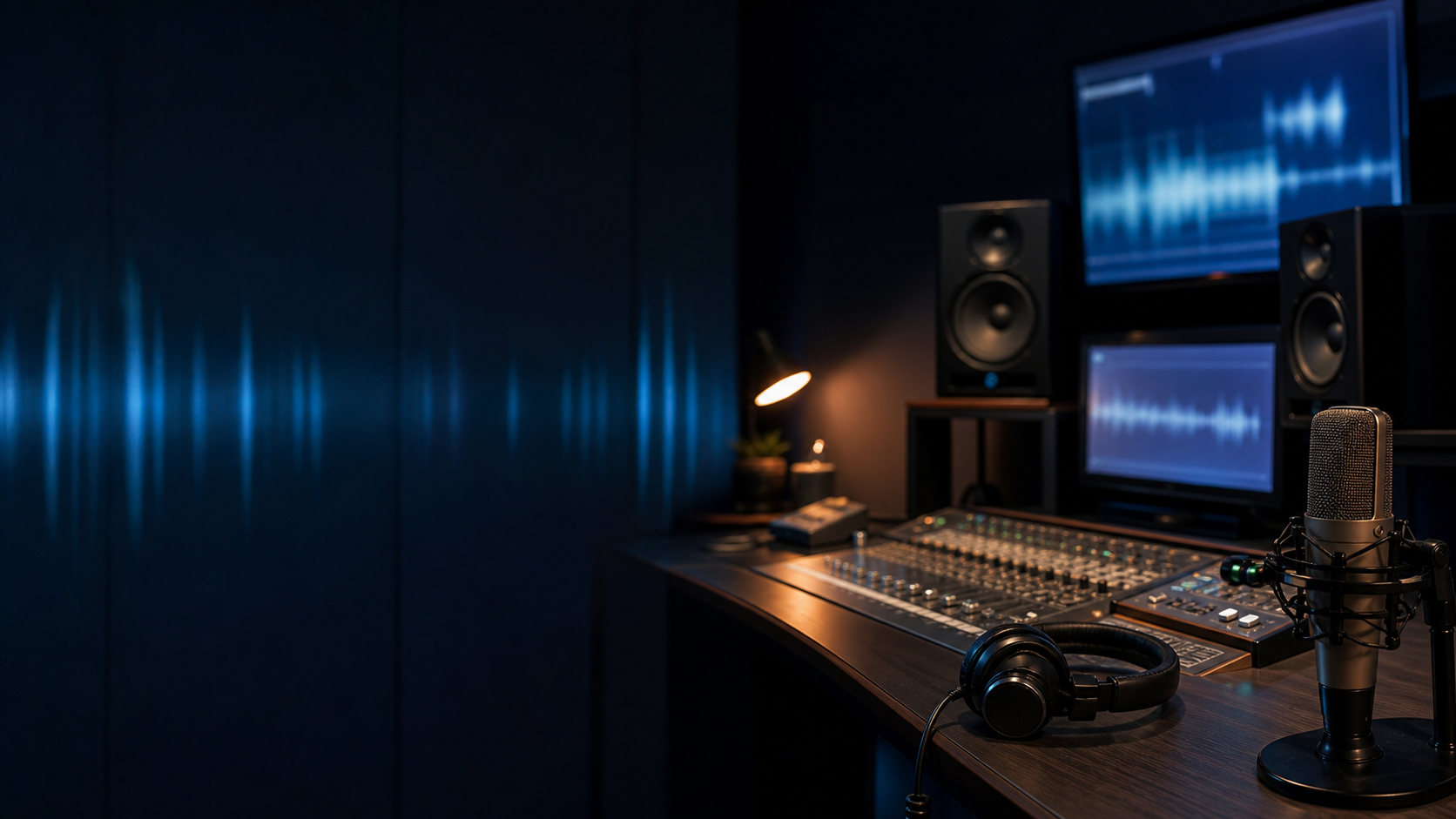 Studio audio illustrativo con console, monitor e luce ciano